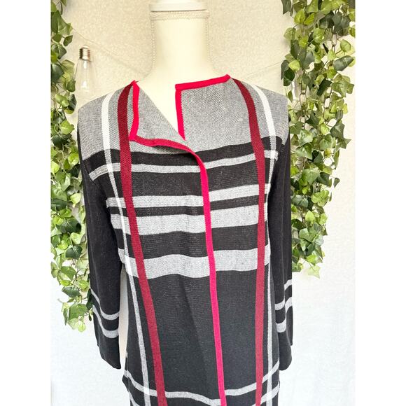 Anne Klein Cotton Acrylic Blend Black White Red Plaid Open Cardigan Sweater - Picture 5 of 12